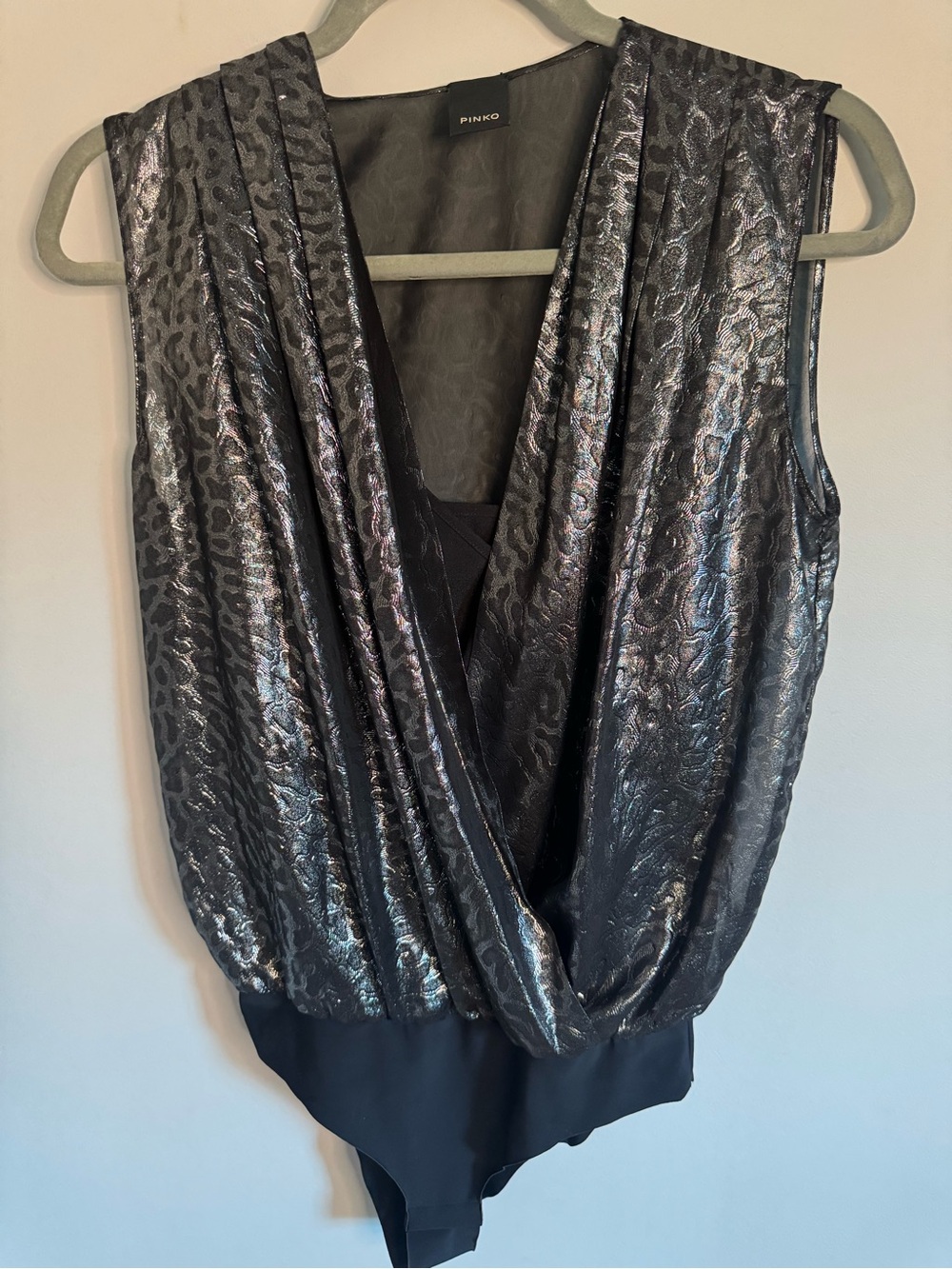 Pinko Women's Metallic Black Draped Bodysuit Top size 4